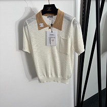 Chanel Contrast Polo-Collar Short-Sleeve Knit Top