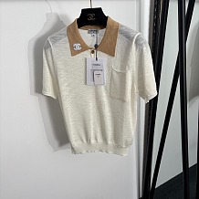 Chanel Contrast Polo-Collar Short-Sleeve Knit Top