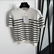 Dior Striped Pointelle Knit Short-Sleeve Sweater