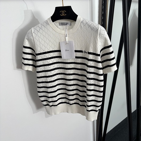 Dior Striped Pointelle Knit Short-Sleeve Sweater