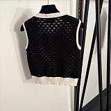 Chanel Contrast Open-Work Knit Vest with Camellia Brooch