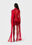 Blumarine Silk Georgette Dress with Fur in Red