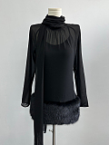 Blumarine Silk Georgette Dress with Fur in Black