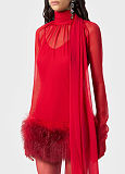 Blumarine Silk Georgette Dress with Fur in Red