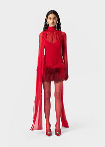 Blumarine Silk Georgette Dress with Fur in Red