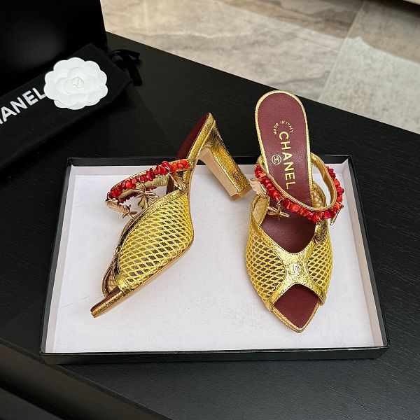 Chanel Leather Mules in Gold(The CHANEL Coco Beach 2026 collection Look 18)