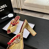 Chanel Leather Mules in Gold(The CHANEL Coco Beach 2026 collection Look 18)
