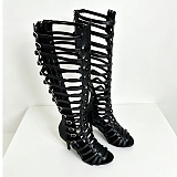Women’s Black Cut-out Strappy Gladiators Stiletto Heel Knee High Boots