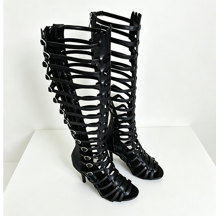 Women’s Black Cut-out Strappy Gladiators Stiletto Heel Knee High Boots