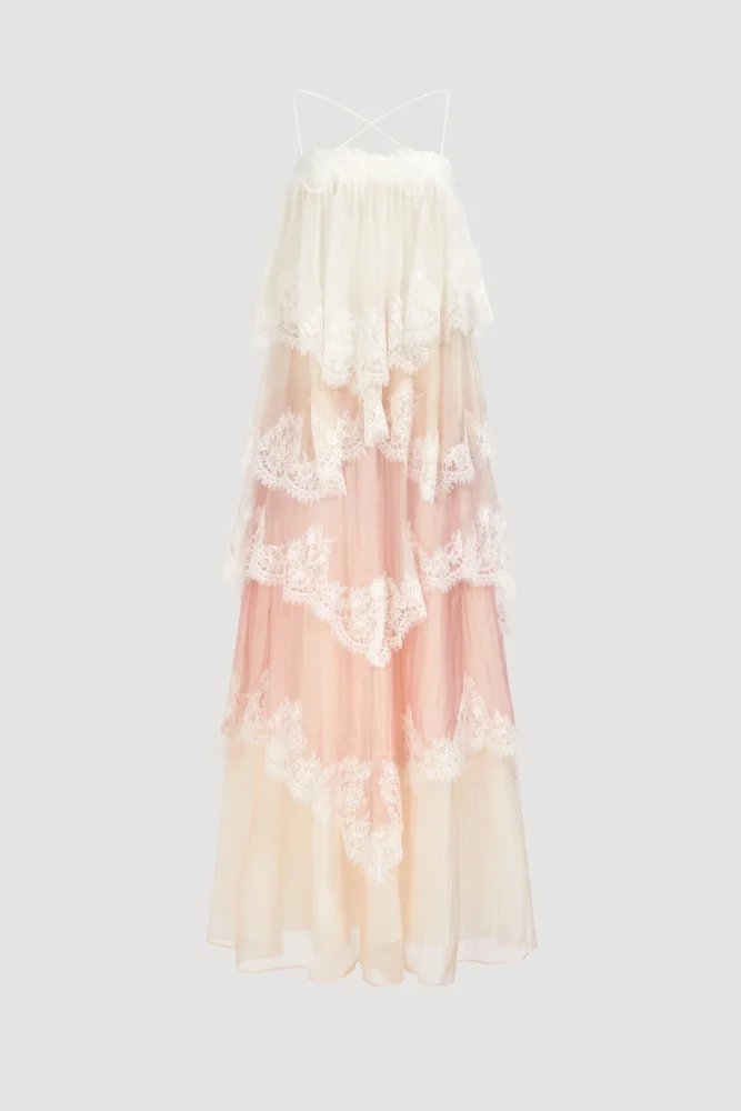 Chiffon Gradient Color Lace Maxi Dress