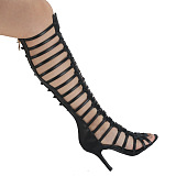 Women’s Black Cut-out Strappy Gladiators Stiletto Heel Knee High Boots