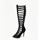 Women’s Black Cut-out Strappy Gladiators Stiletto Heel Knee High Boots