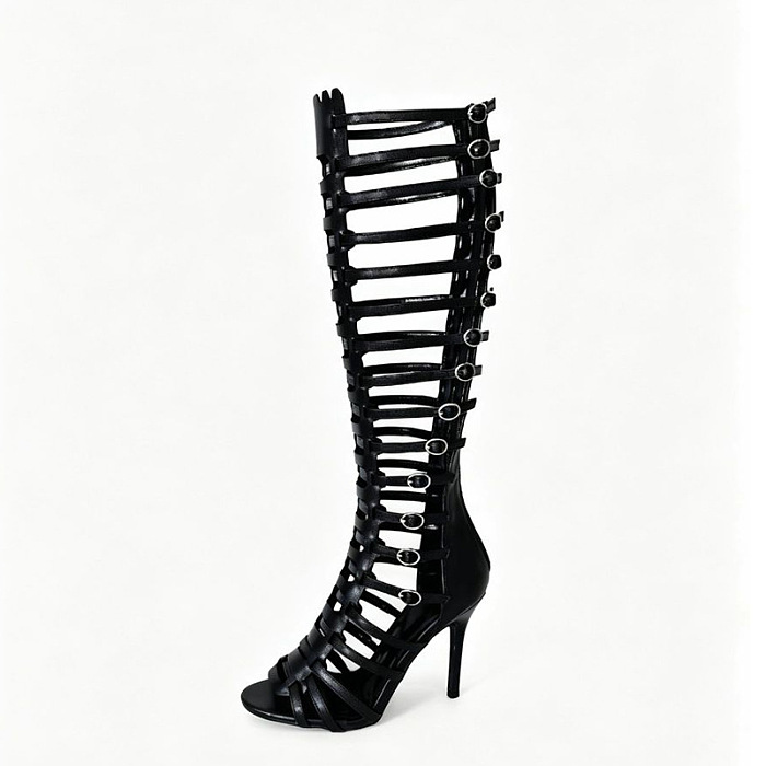 Women’s Black Cut-out Strappy Gladiators Stiletto Heel Knee High Boots