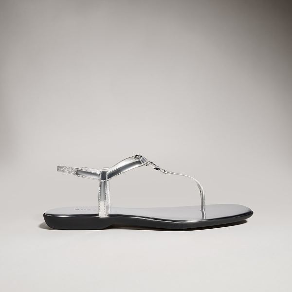 Women's thong sandal with Interlocking G metallic silver leather
