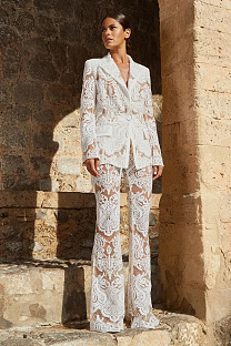 2-Piece Black Floral Lace Blazer and Pants Set