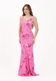 Versace Women's Long Fuchsia Dress with Wave Couture Print