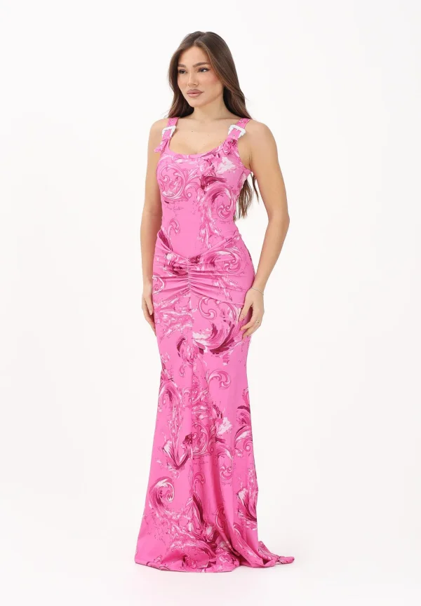 Versace Women's Long Fuchsia Dress with Wave Couture Print