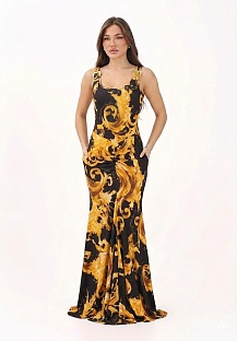 Versace Women's Long Fuchsia Dress with Wave Couture Print