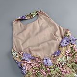 Halter Floral Embroidered Dress Green Pink