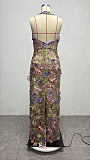 Halter Floral Embroidered Dress Green Pink