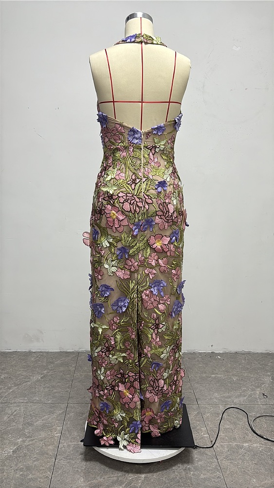 Halter Floral Embroidered Dress Green Pink