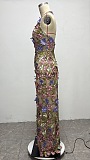 Halter Floral Embroidered Dress Green Pink