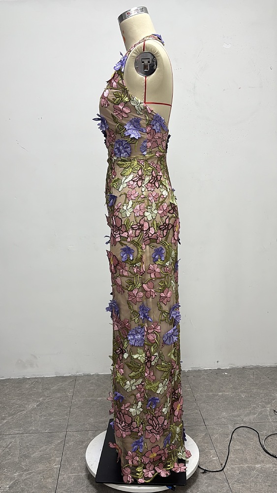 Halter Floral Embroidered Dress Green Pink