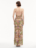 Halter Floral Embroidered Dress Green Pink