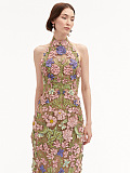 Halter Floral Embroidered Dress Green Pink