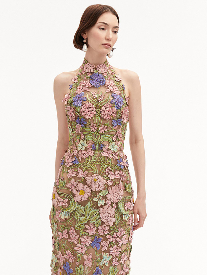 Halter Floral Embroidered Dress Green Pink