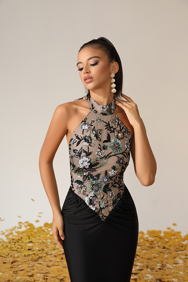 Embroidered Sequinned Floral Maxi Dress