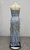 Blue Floral Appliqué  Maxi Dress