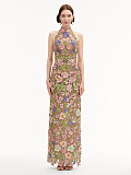 Halter Floral Embroidered Dress Green Pink
