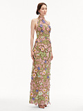 Halter Floral Embroidered Dress Green Pink