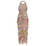 Halter Floral Embroidered Dress Green Pink