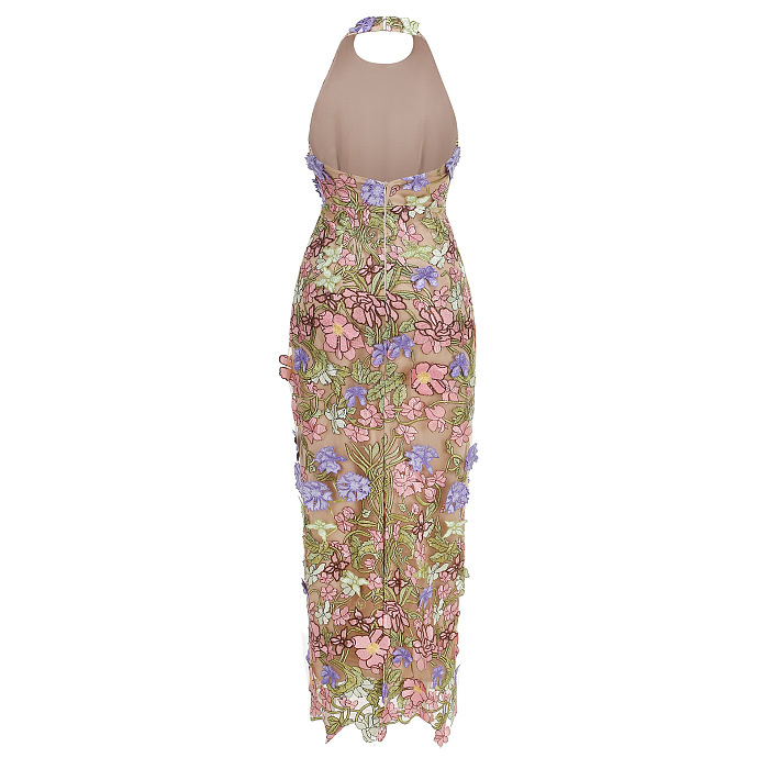 Halter Floral Embroidered Dress Green Pink