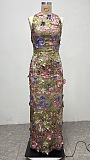 Halter Floral Embroidered Dress Green Pink