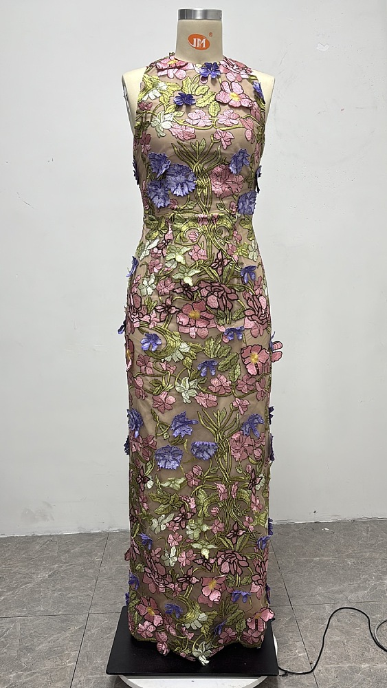 Halter Floral Embroidered Dress Green Pink
