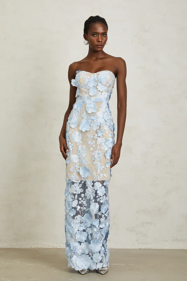 Blue Floral Appliqué  Maxi Dress