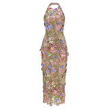 Halter Floral Embroidered Dress Green Pink