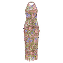 Halter Floral Embroidered Dress Green Pink