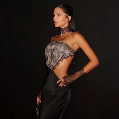 Maxi Dress With Lace Choker And Statement Gloves