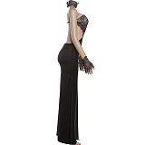 Maxi Dress With Lace Choker And Statement Gloves