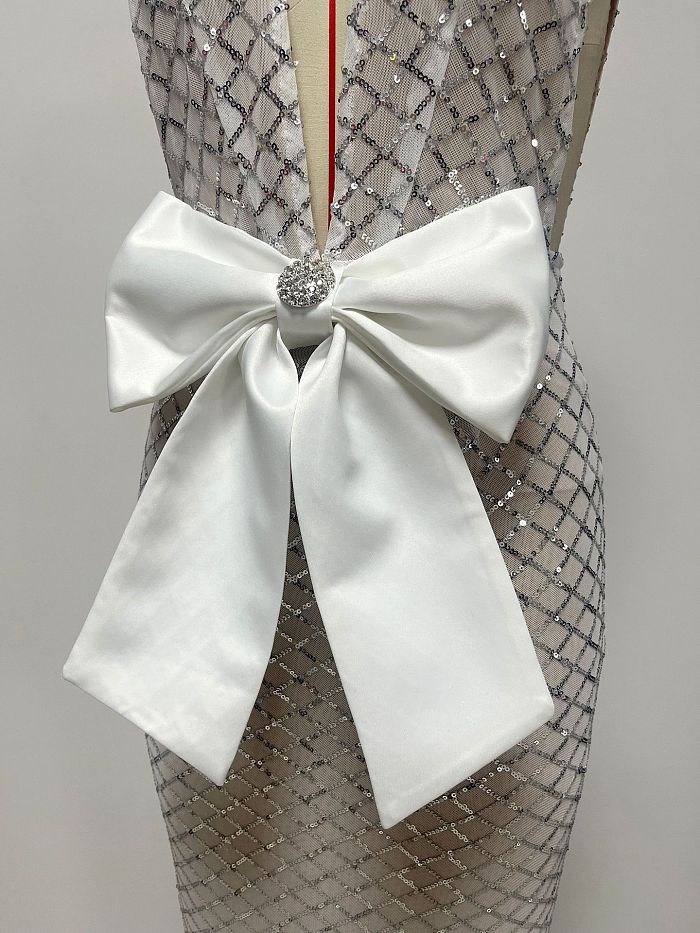 V Neck Bow Sequin Maxi Dress In White