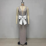 V Neck Bow Sequin Maxi Dress In White
