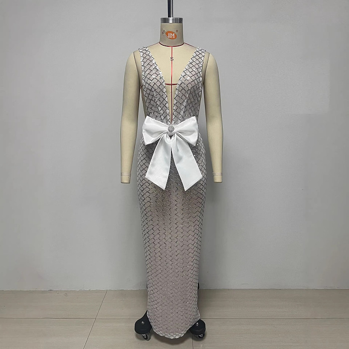 V Neck Bow Sequin Maxi Dress In White