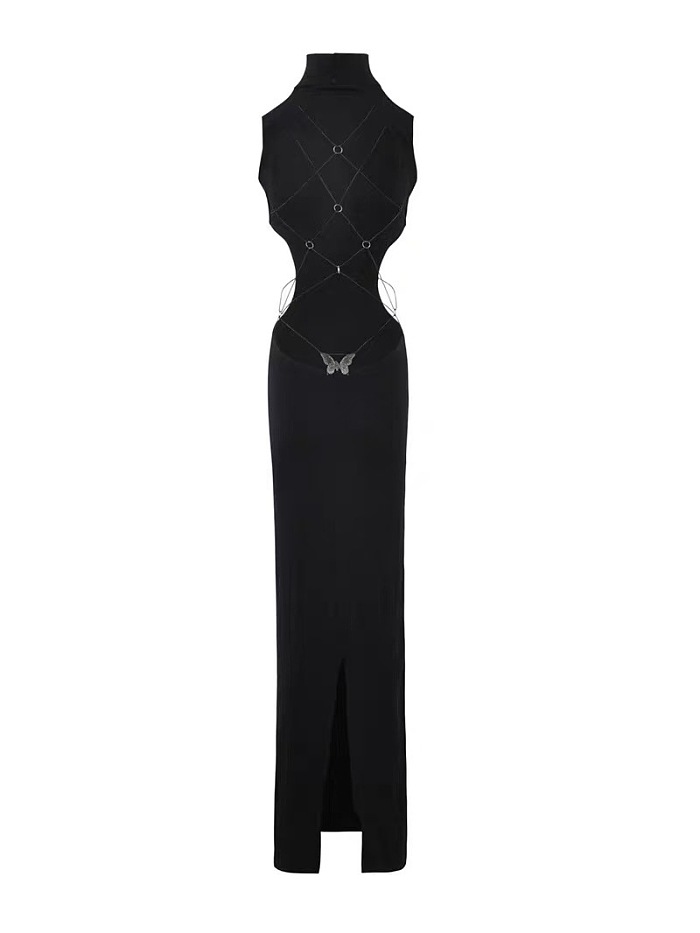 Open-back Mock Neck Long Dress