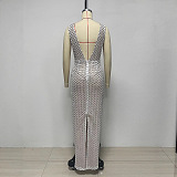 V Neck Bow Sequin Maxi Dress In White