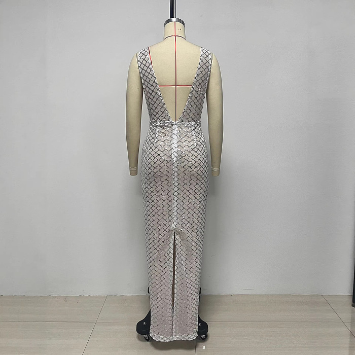 V Neck Bow Sequin Maxi Dress In White