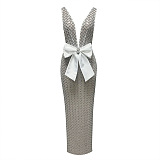 V Neck Bow Sequin Maxi Dress In White